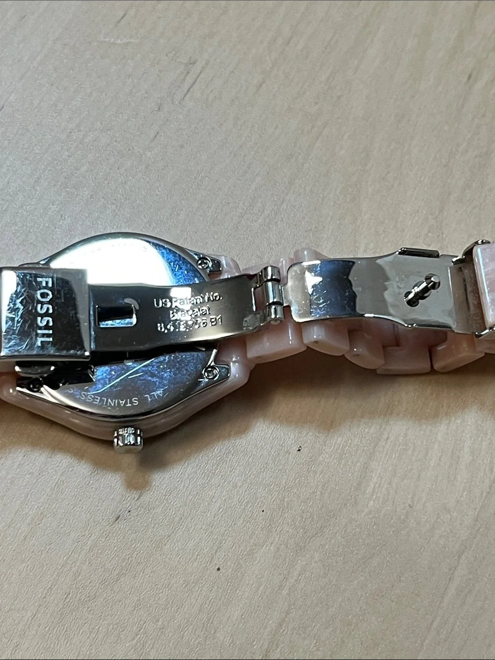 Fossil ES2688 Pave Bezel White Face Analog Watch & Pink Pearly Plastic Band